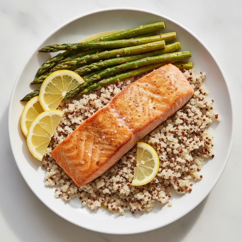 Seared Salmon with Quinoa and Lemon-Garlic Asparagus