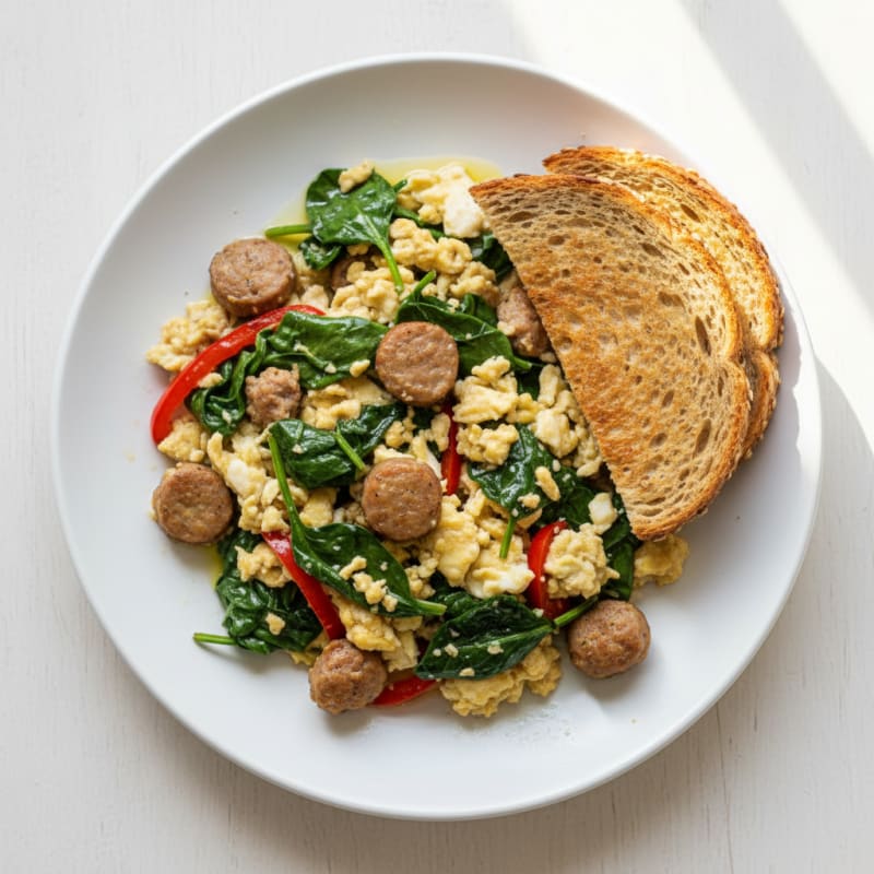 Egg White and Turkey Sausage Scramble with Sautéed Spinach