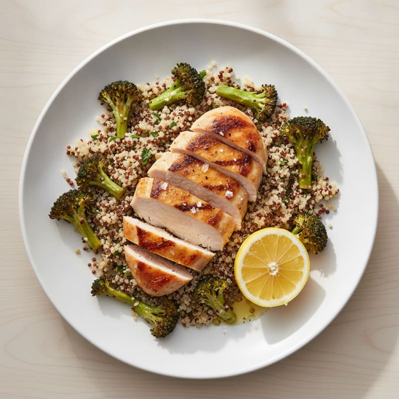 Seared Chicken Breast with Quinoa and Roasted Broccoli