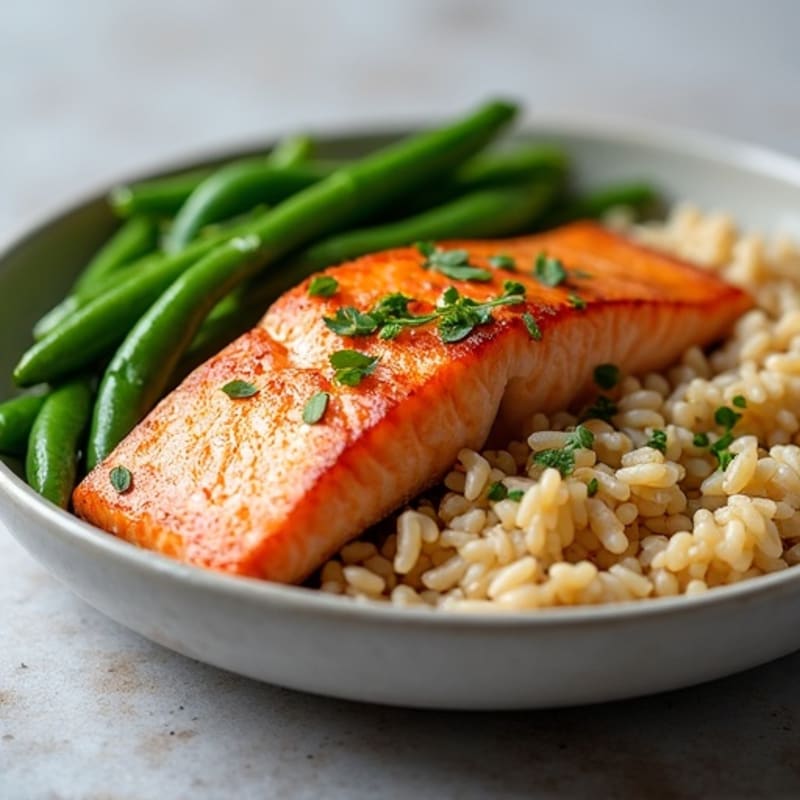 Seared Salmon Fillet with Garlic Green Beans and Brown Rice