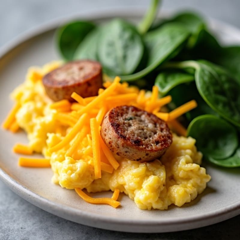 Cheesy Scrambled Eggs with Turkey Sausage and Sautéed Spinach