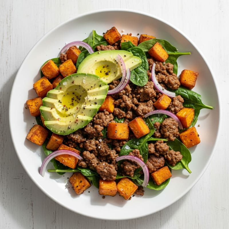 Ground Beef and Avocado Sweet Potato Bowl