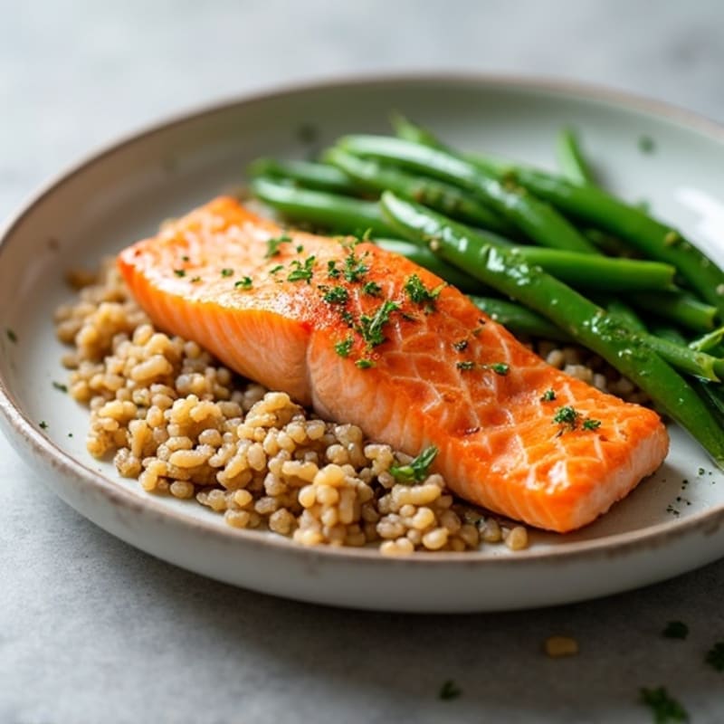Seared Salmon with Garlic Green Beans and Brown Rice