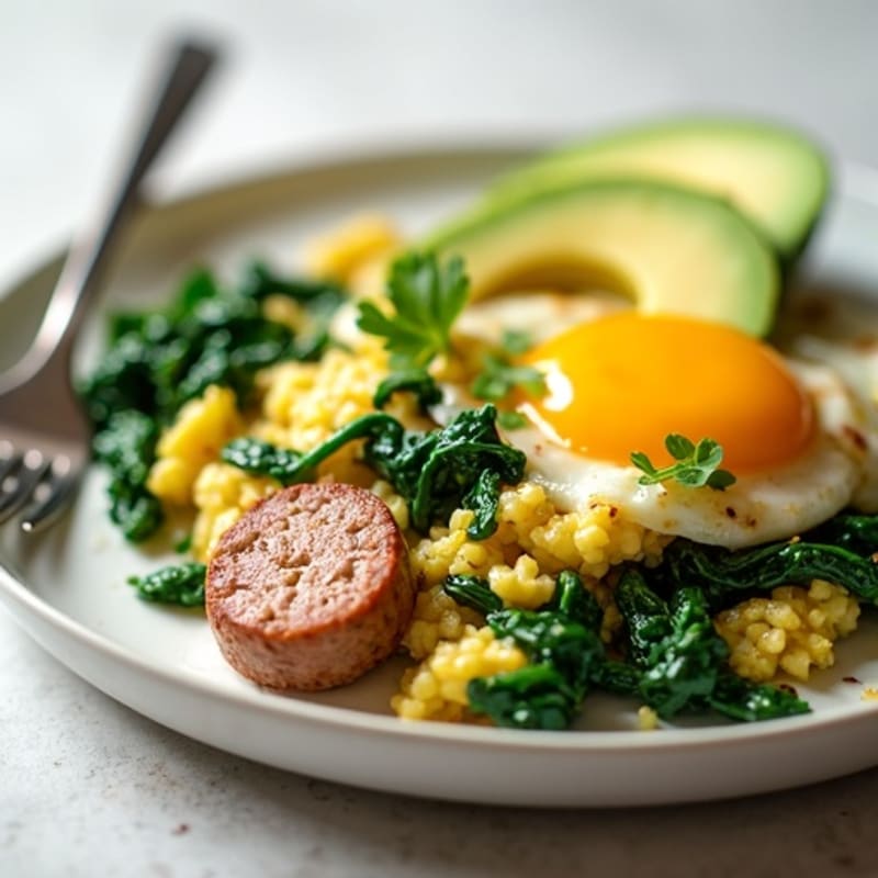 Egg White and Turkey Sausage Scramble with Sautéed Spinach