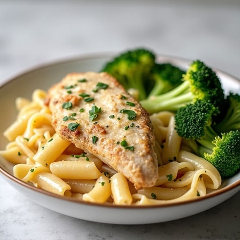 Creamy Garlic Chicken Pasta with Roasted Broccoli
