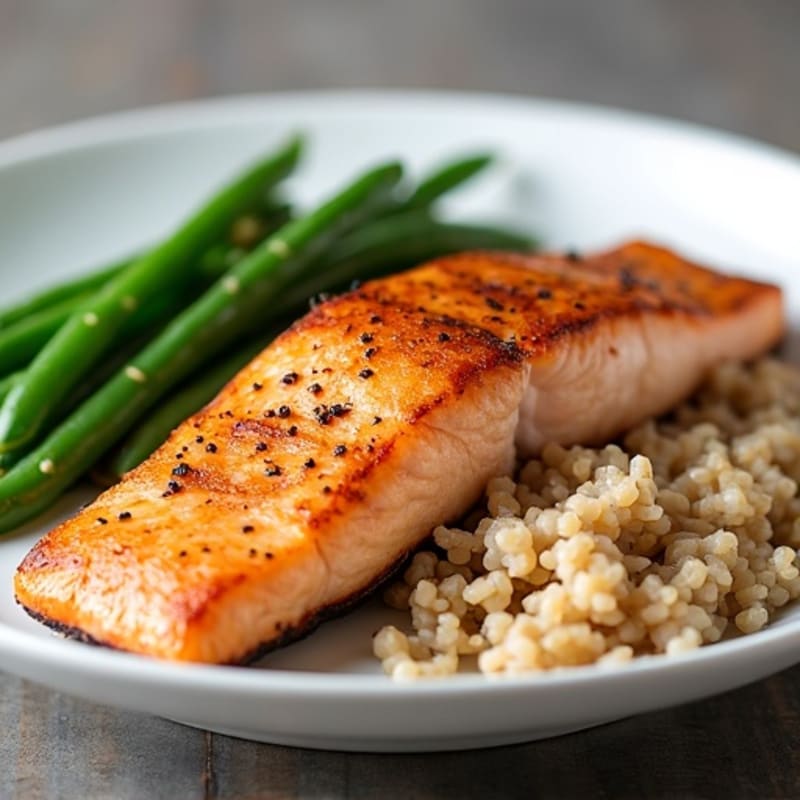 Seared Salmon Fillet with Steamed Green Beans and Brown Rice