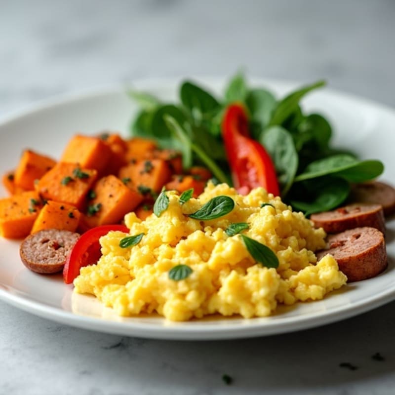 Egg White Scramble with Turkey Sausage and Roasted Sweet Potatoes