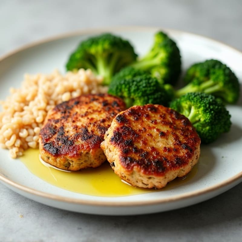 Seared Turkey Patties with Steamed Broccoli and Brown Rice