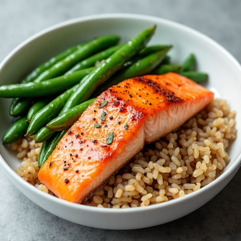 Seared Salmon with Steamed Green Beans and Brown Rice