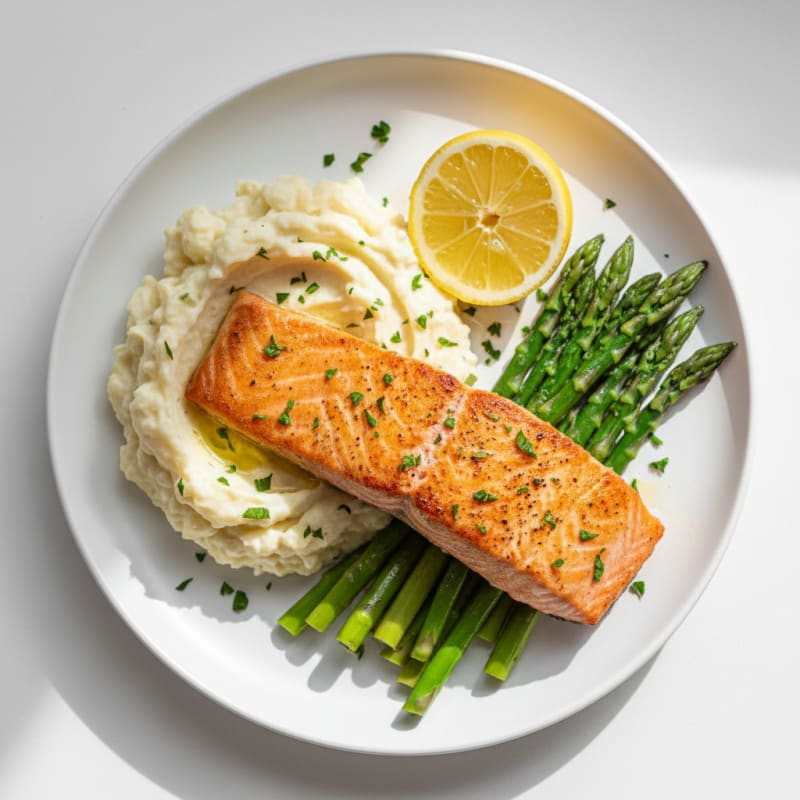 Seared Salmon Fillet with Steamed Asparagus and Garlic Mashed Cauliflower