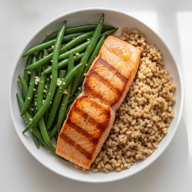 Seared Salmon with Garlic Green Beans and Brown Rice