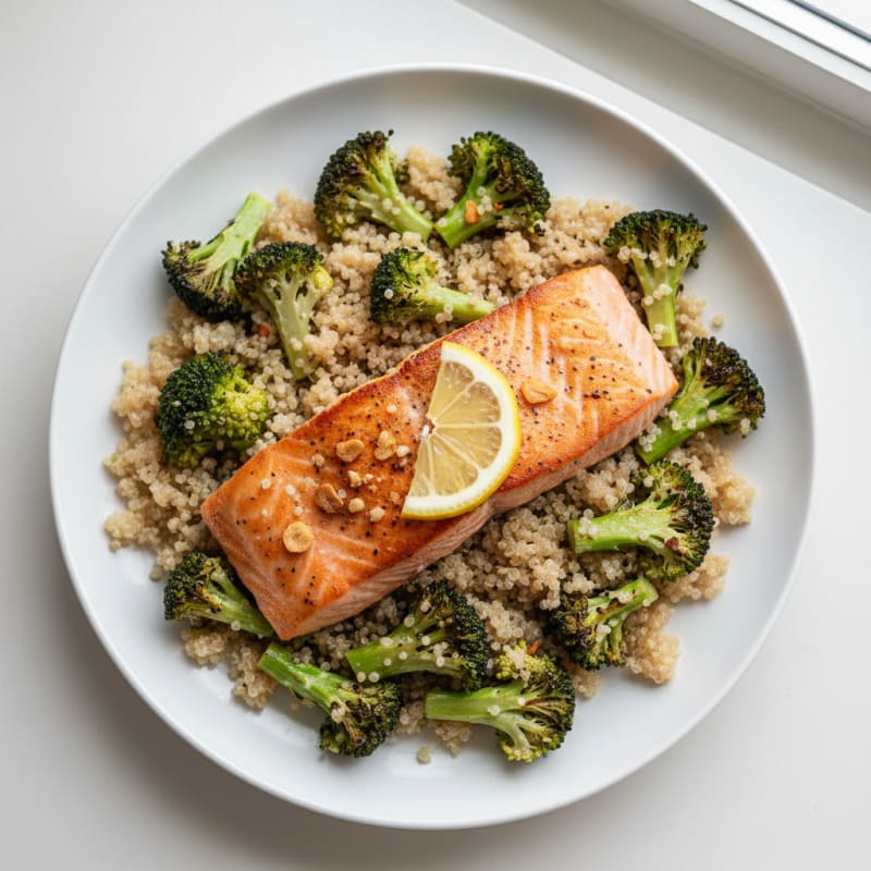 Seared Salmon with Roasted Broccoli and Quinoa