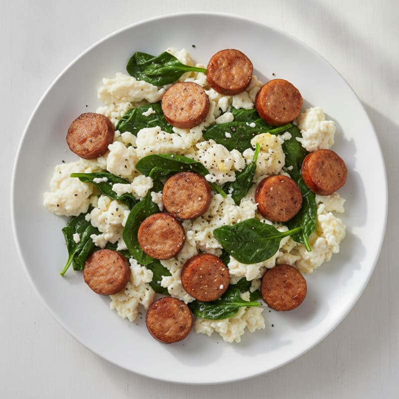 Egg White Scramble with Turkey Sausage and Sautéed Spinach