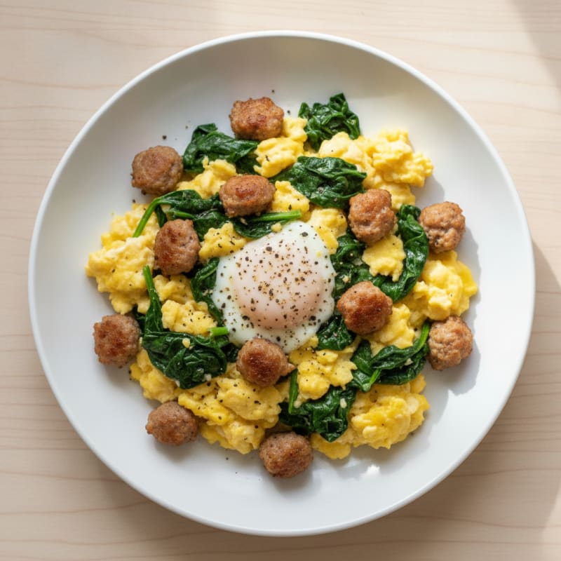 Scrambled Eggs with Turkey Sausage and Sautéed Spinach