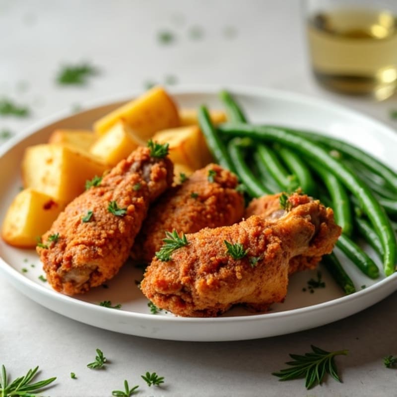 Crispy Baked Chicken Wings with Roasted Potatoes and Garlic Green Beans