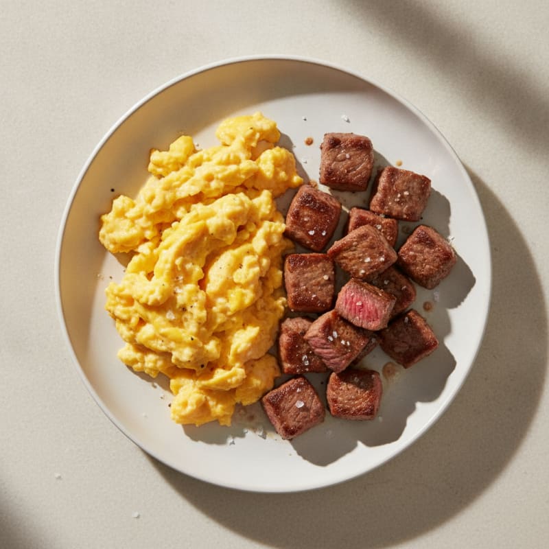 Scrambled Eggs with Sautéed Steak Bites