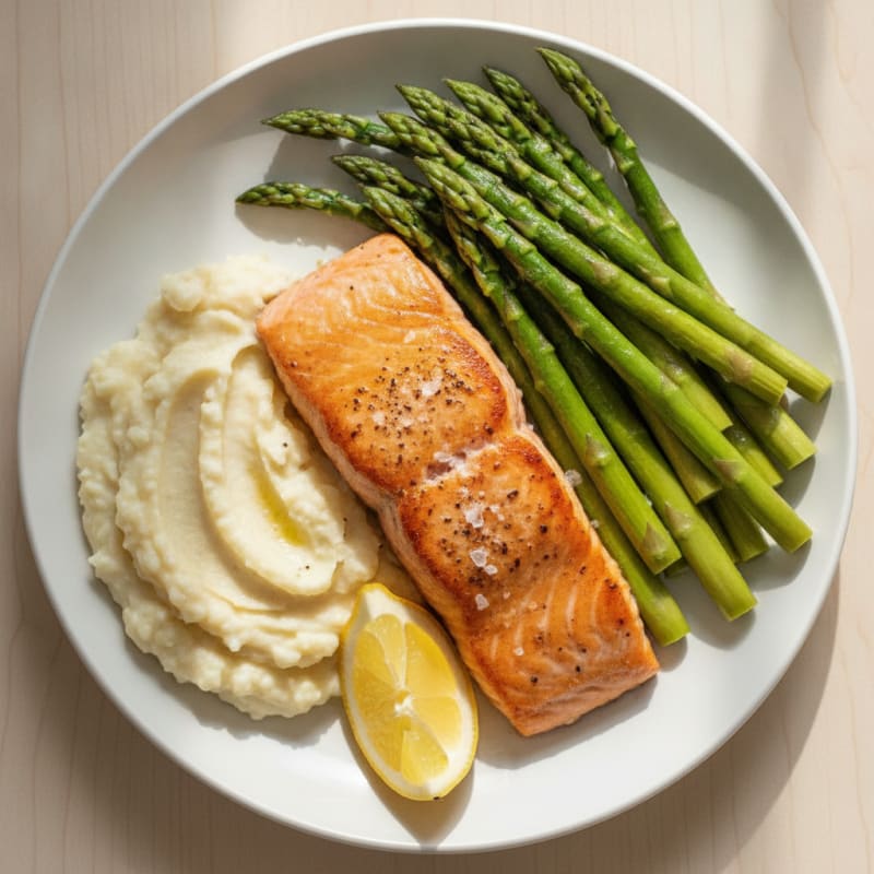 Seared Salmon with Steamed Asparagus and Cauliflower Mash