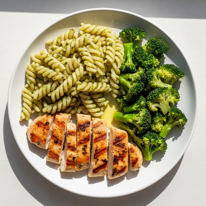 Grilled Chicken Breast with Pesto Pasta and Steamed Broccoli