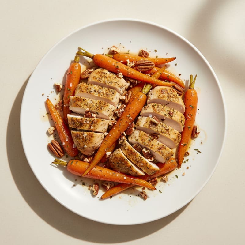 Maple-Glazed Roasted Carrots with Pecans and Herbed Chicken