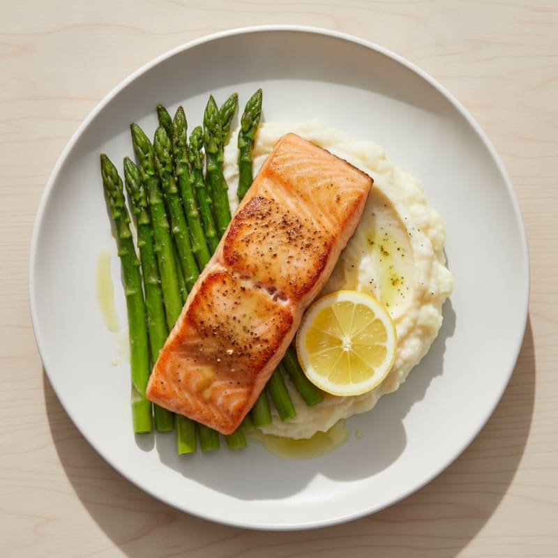 Seared Salmon with Steamed Asparagus and Cauliflower Mash