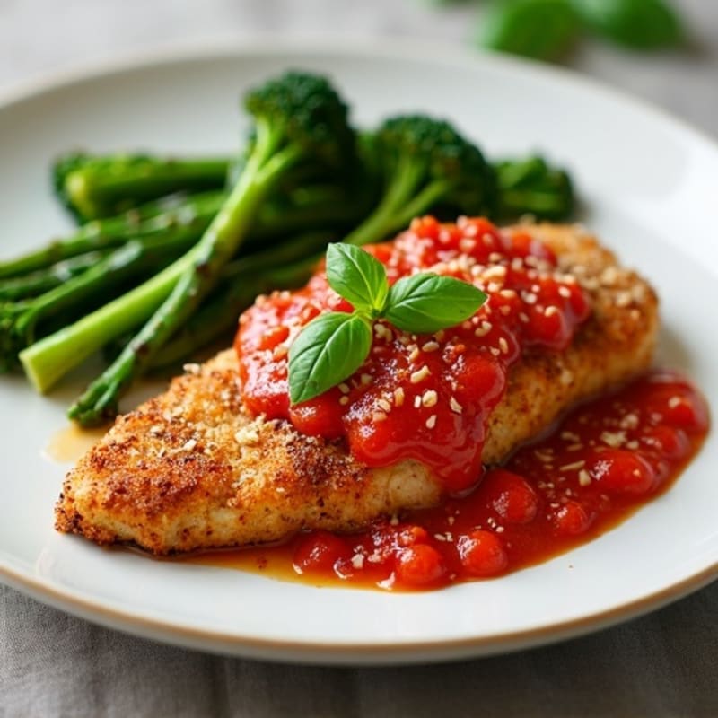 Healthy Crispy Chicken Parmesan with Roasted Broccolini