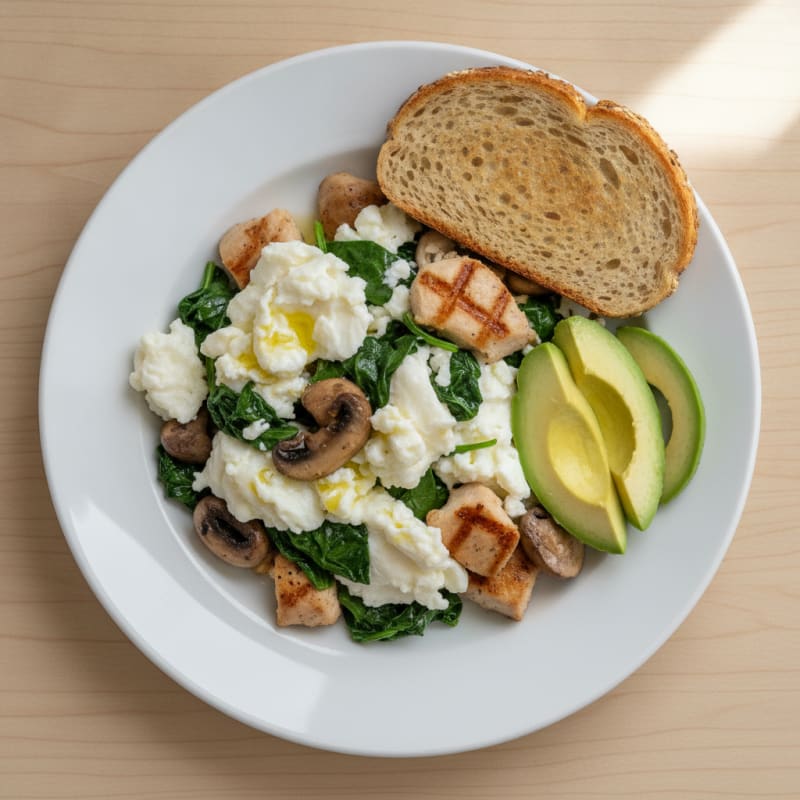 Egg White Scramble with Spinach, Mushrooms, and Grilled Turkey Breast