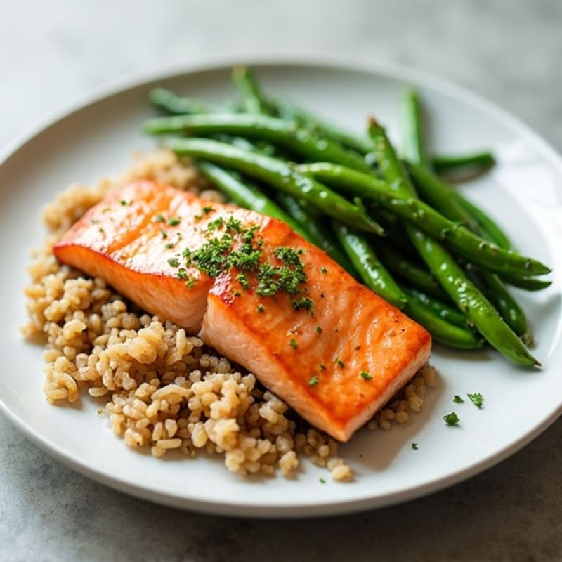 Seared Salmon with Garlic Green Beans and Brown Rice
