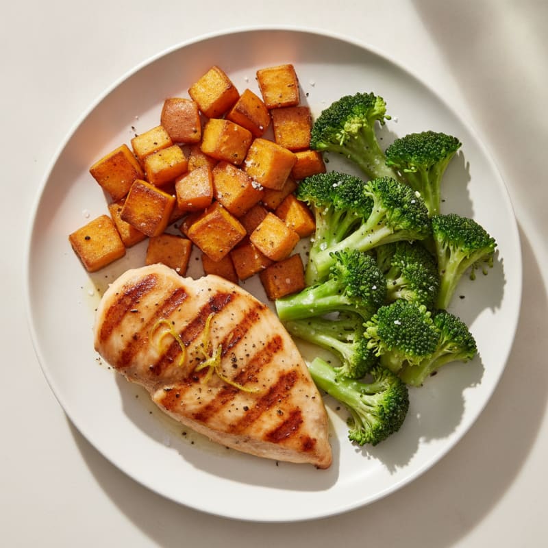 Grilled Chicken Breast with Roasted Sweet Potato and Steamed Broccoli