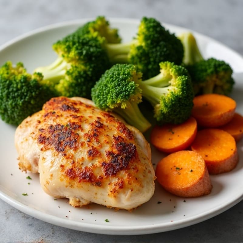 Roasted Chicken with Crispy Broccoli and Sweet Potatoes