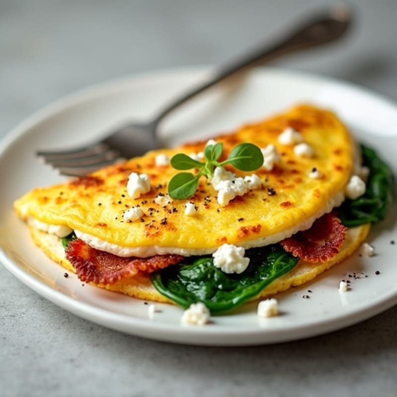 Crispy Egg White Omelet with Turkey Bacon and Sautéed Spinach
