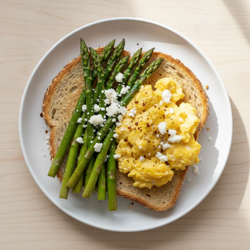 High-Protein Scrambled Eggs with Roasted Asparagus Toast