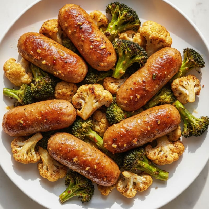 Spicy Lemon Herb Chicken Sausage with Roasted Broccoli and Cauliflower
