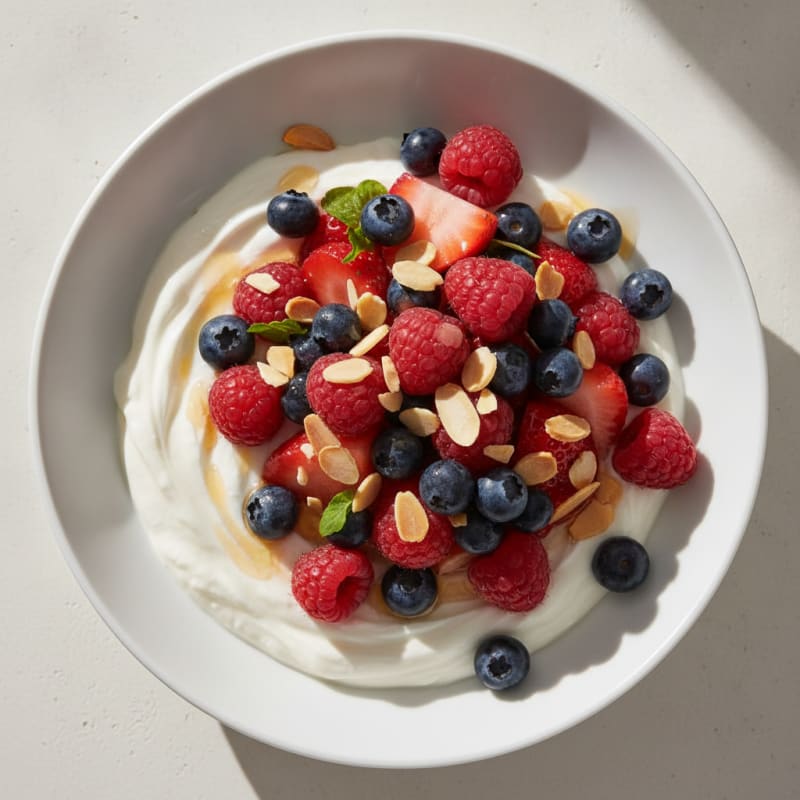 Greek Yogurt Protein Parfait with Mixed Berries and Almonds
