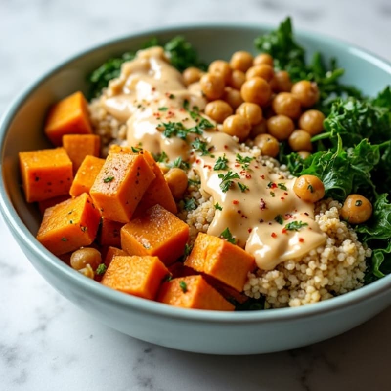 Roasted Sweet Potato and Crispy Chickpea Buddha Bowl with Creamy Tahini Dressing