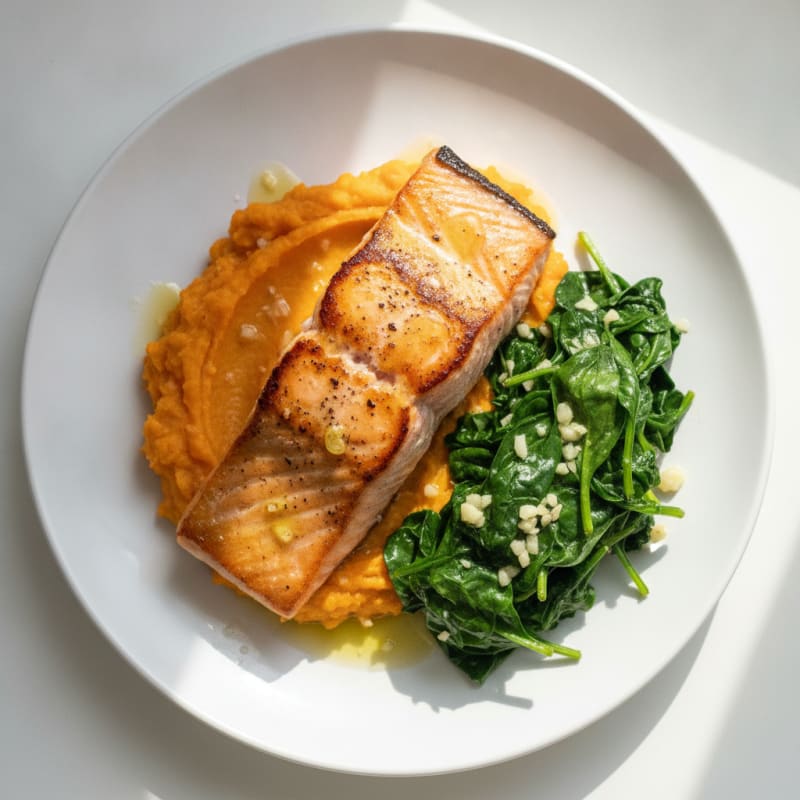 Seared Salmon Fillet with Garlic Spinach and Sweet Potato Mash