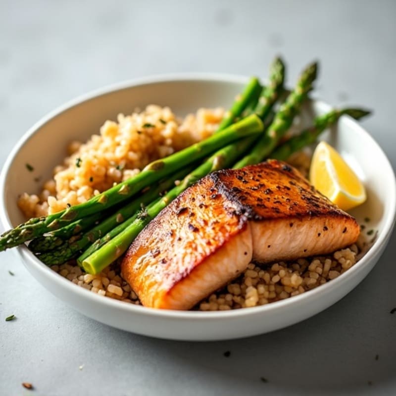 Seared Salmon Fillet with Steamed Asparagus and Brown Rice