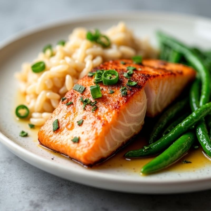 Seared Salmon with Garlic Green Beans and Brown Rice