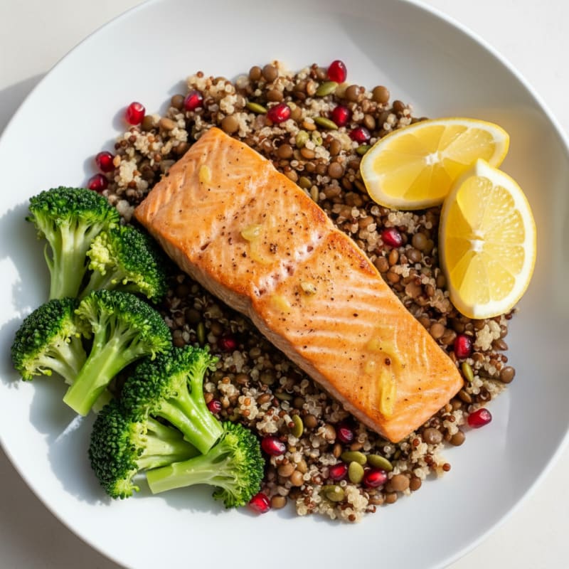Crispy Baked Salmon with Lentil Pilaf and Steamed Broccoli