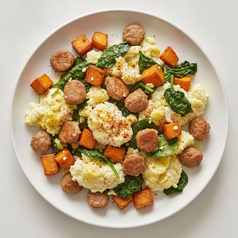 Egg White and Turkey Sausage Scramble with Sautéed Spinach and Sweet Potato
