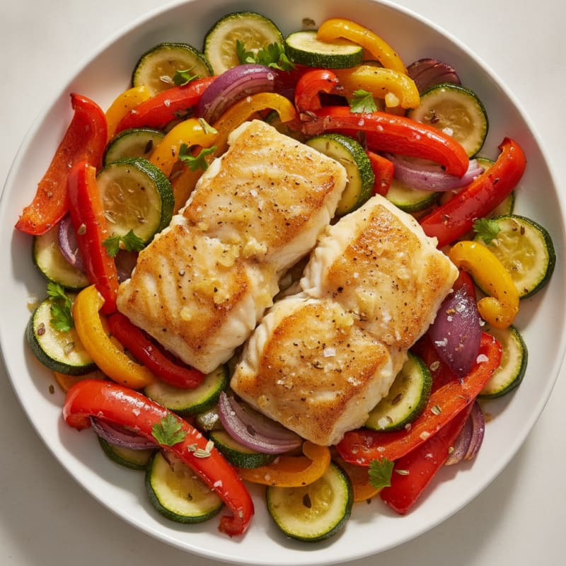 Lemon Herb Baked Cod with Rainbow Roasted Vegetables