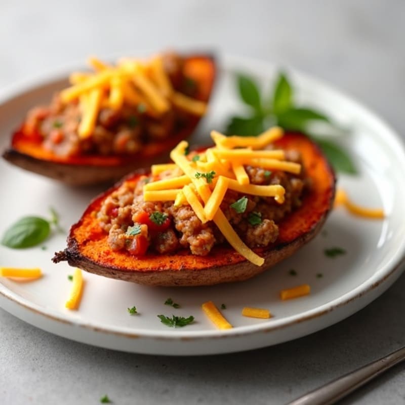 Crispy Sweet Potato Skins with Lean Chili and Sharp Cheddar