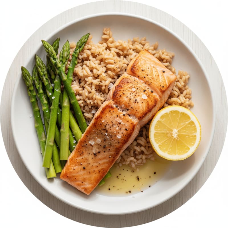 Seared Salmon Fillet with Steamed Asparagus and Brown Rice
