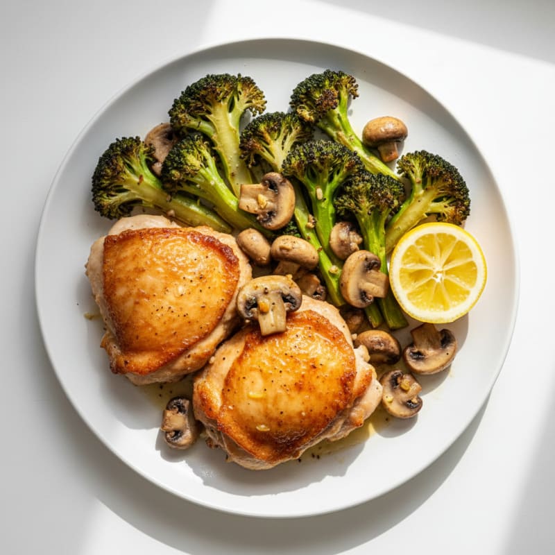 Seared Chicken Thighs with Roasted Broccoli and Garlic Mushrooms