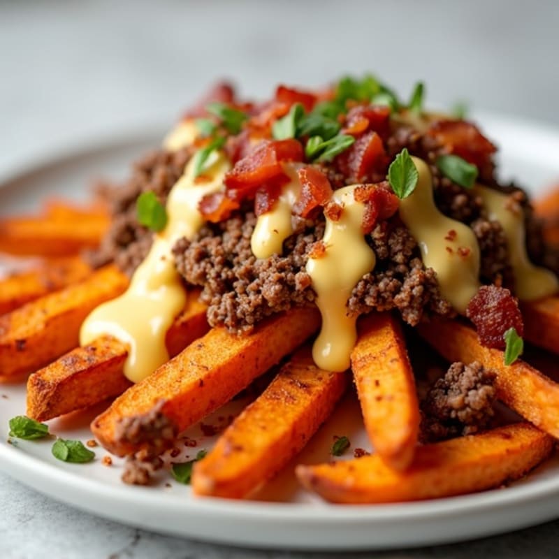 Loaded Crispy Sweet Potato Fries with Creamy Cheese Sauce, Lean Ground Beef, and Crispy Bacon