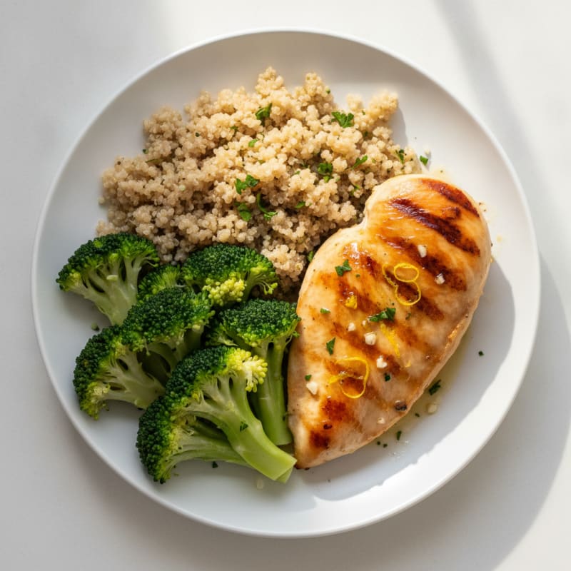 Grilled Lemon Garlic Chicken Breast with Quinoa and Steamed Broccoli