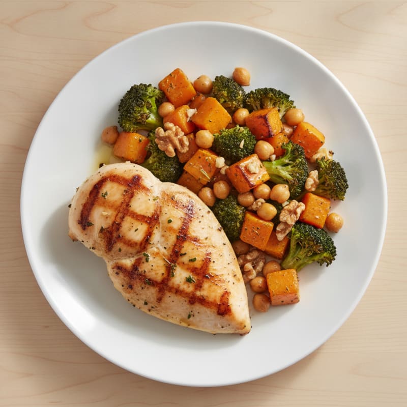 Grilled Chicken Breast with Roasted Broccoli and Butternut Squash