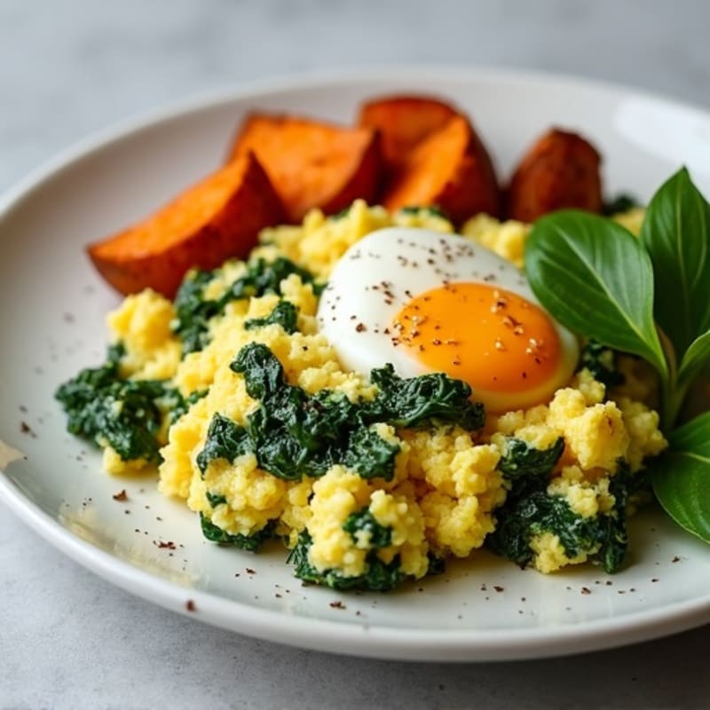 Spinach and Feta Egg Scramble with Crispy Sweet Potatoes