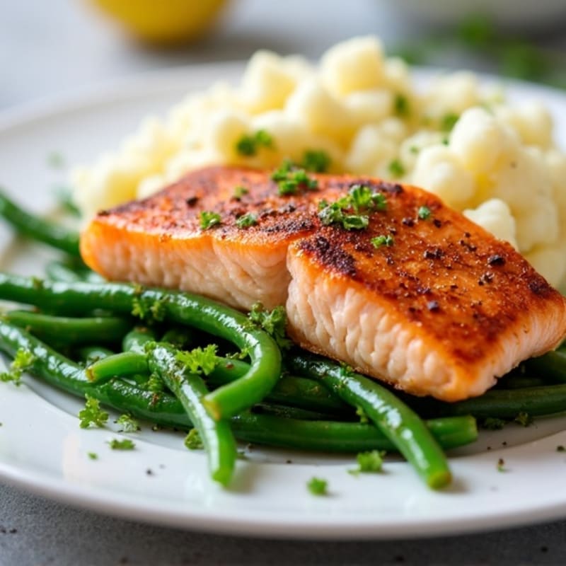 Seared Salmon with Garlic Green Beans and Mashed Cauliflower