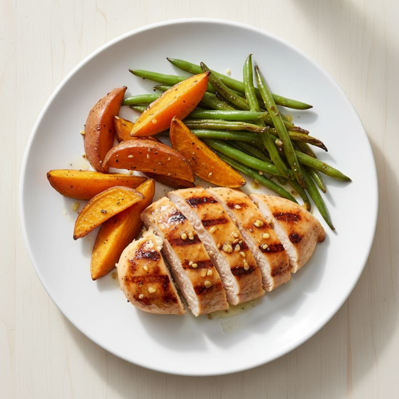 Grilled Chicken Breast with Roasted Sweet Potato and Green Beans