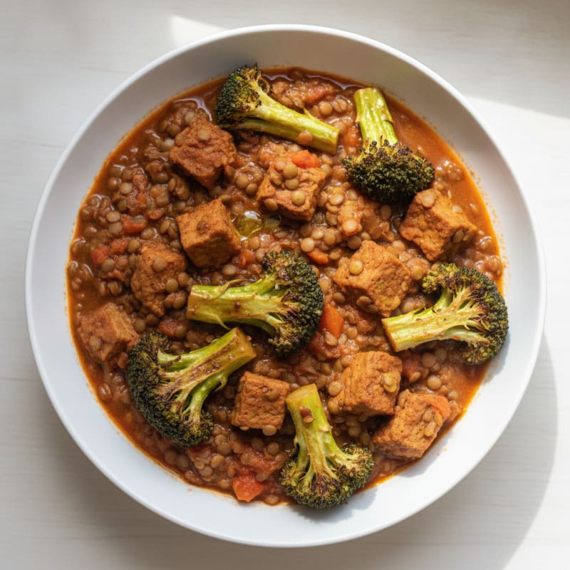 Lentil and Seitan Stew with Roasted Broccoli
